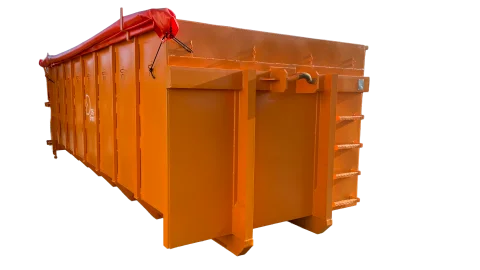 Container Abroll portocaliu, cu prelată rulată pe lateral